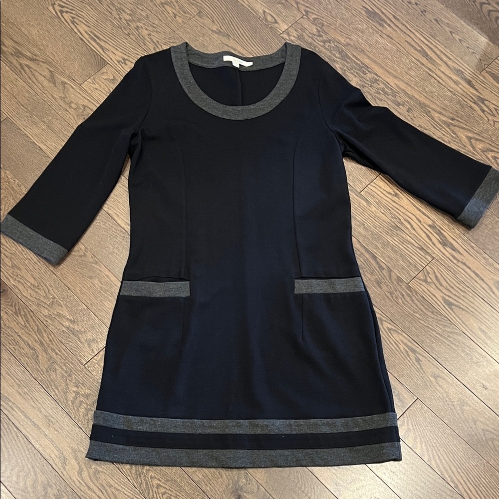 Boden Black Knit Dress 3/4 Sleeve Gray Trim Pockets US 12 Shift Tunic
